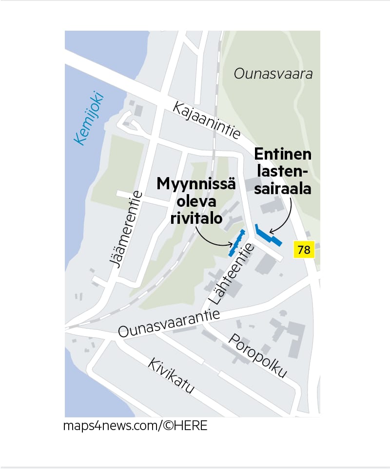 Rivitalo sijaitsee entisen lastensairaalan läheisyydessä.