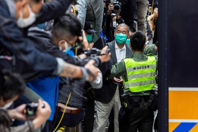 Demokratia ei ole kovassa huudossa Hongkongissa. Demokratia ajava mediapomo Jimmy Lai sai pitkän vankeustuomion mielenosoitusten järjestämisestä. KUVA: SAAC LAWRENCE/LEHTIKUVA/AFP