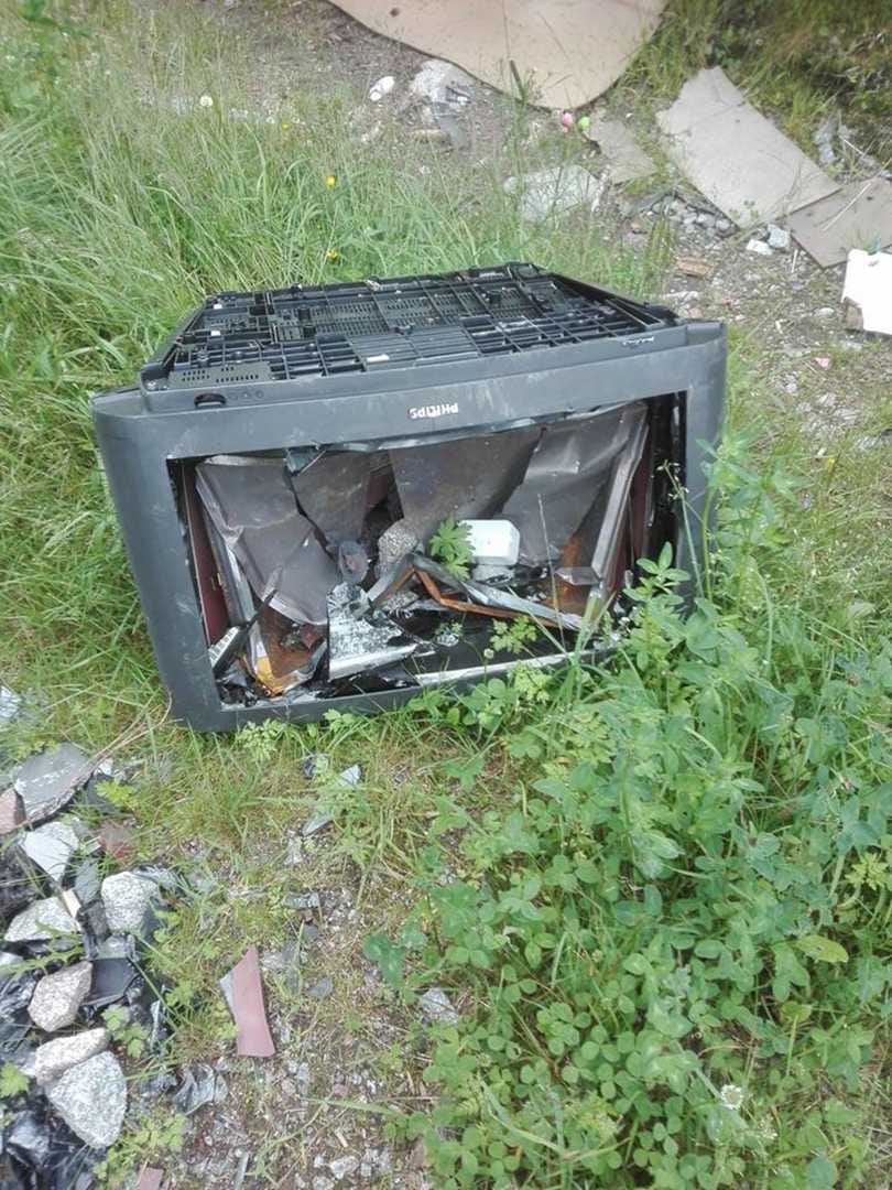 Metsässä oli televisio, jota oli selvästi rikottu kivellä.