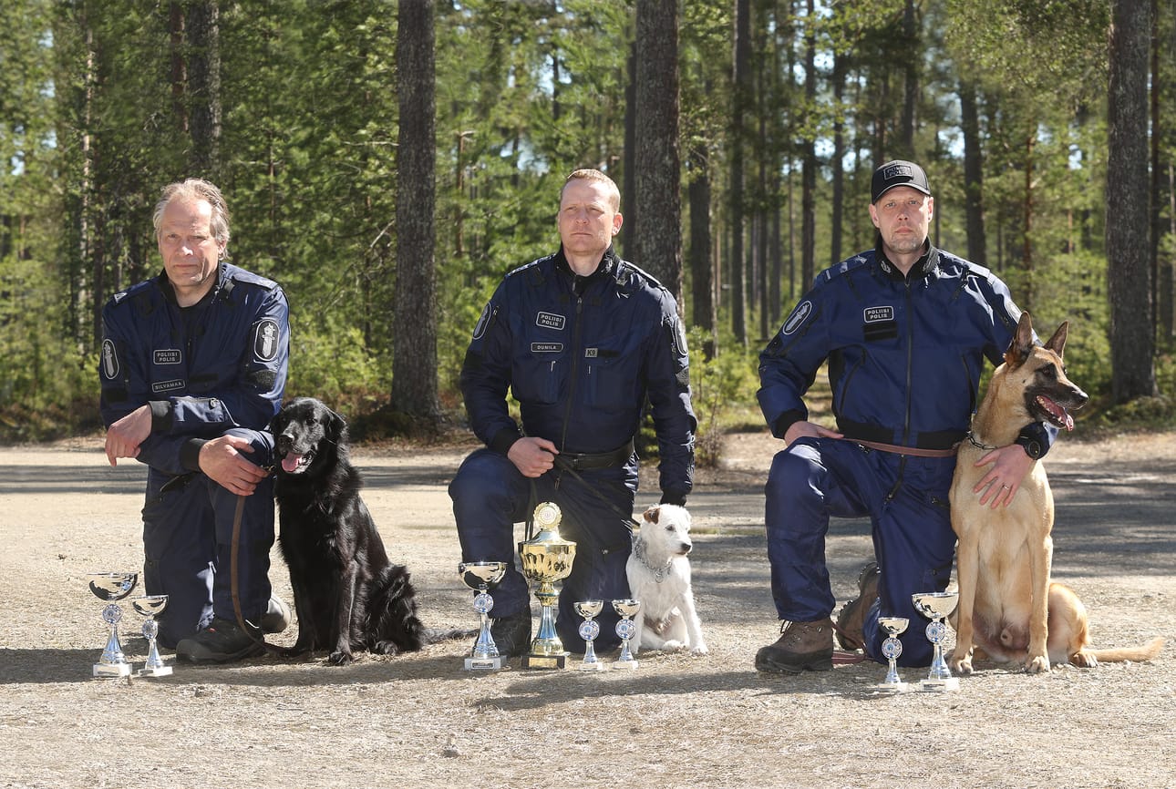 Poliisin huumekoirien SM-kilpailujen ensimmäiselle sijalle tulivat Miikka Ounila ja Jekku (kuvassa keskellä). Hopeaa saivat Antti Silvamaa ja Vallu (vas.) ja pronssi meni Markus Rauhalalle ja Sapelille.