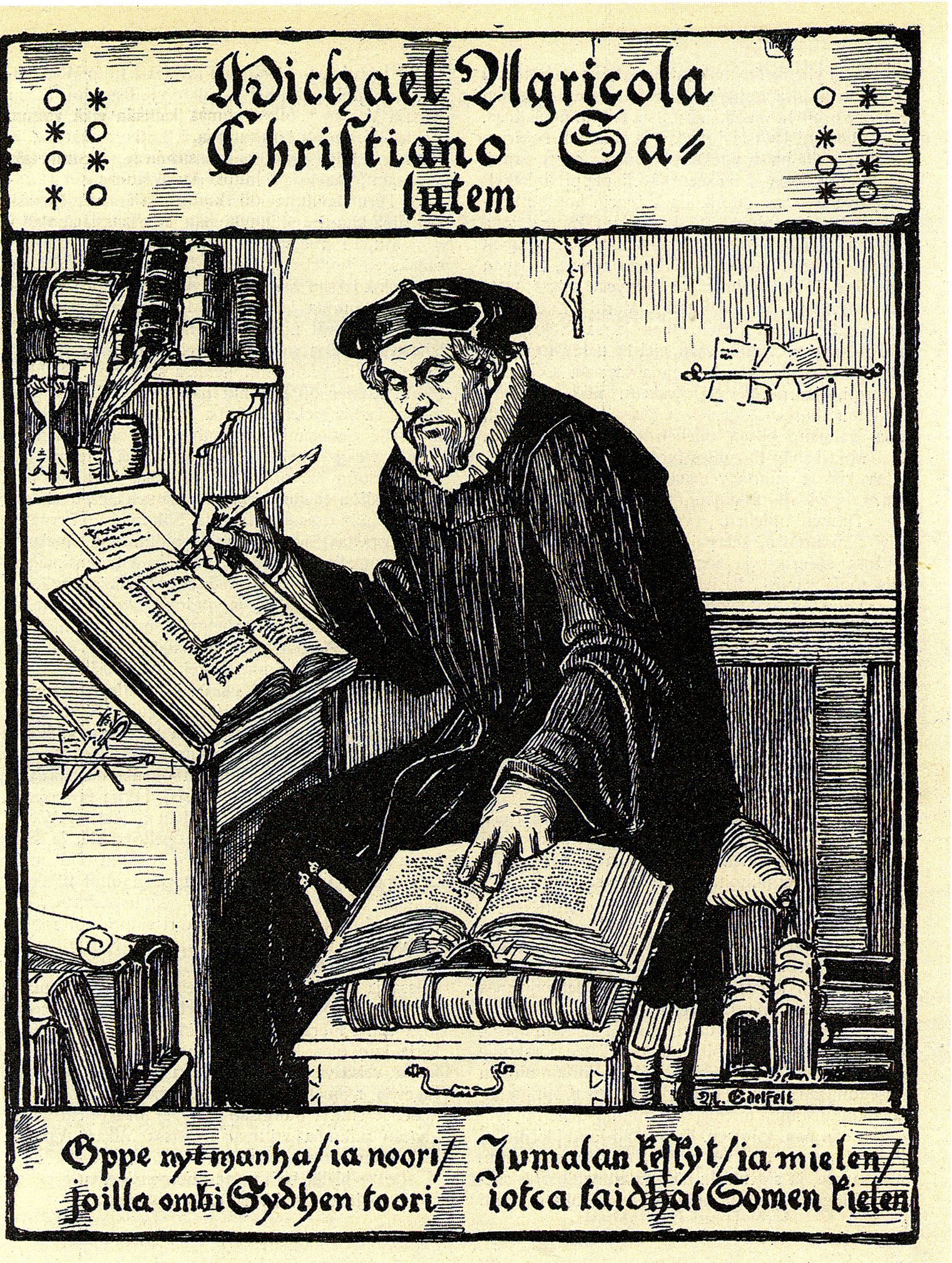 Mikael Agricolasta ei ole säilynyt yhtään aikalaiskuvaa. Albert Edefelt teki 1901 tämän tunnetuimman kuvitteellisen puupiirroksen, jonka esikuvana hän käytti piirrosta Erasmus Rotterdamilaisesta vuodelta 1526. 