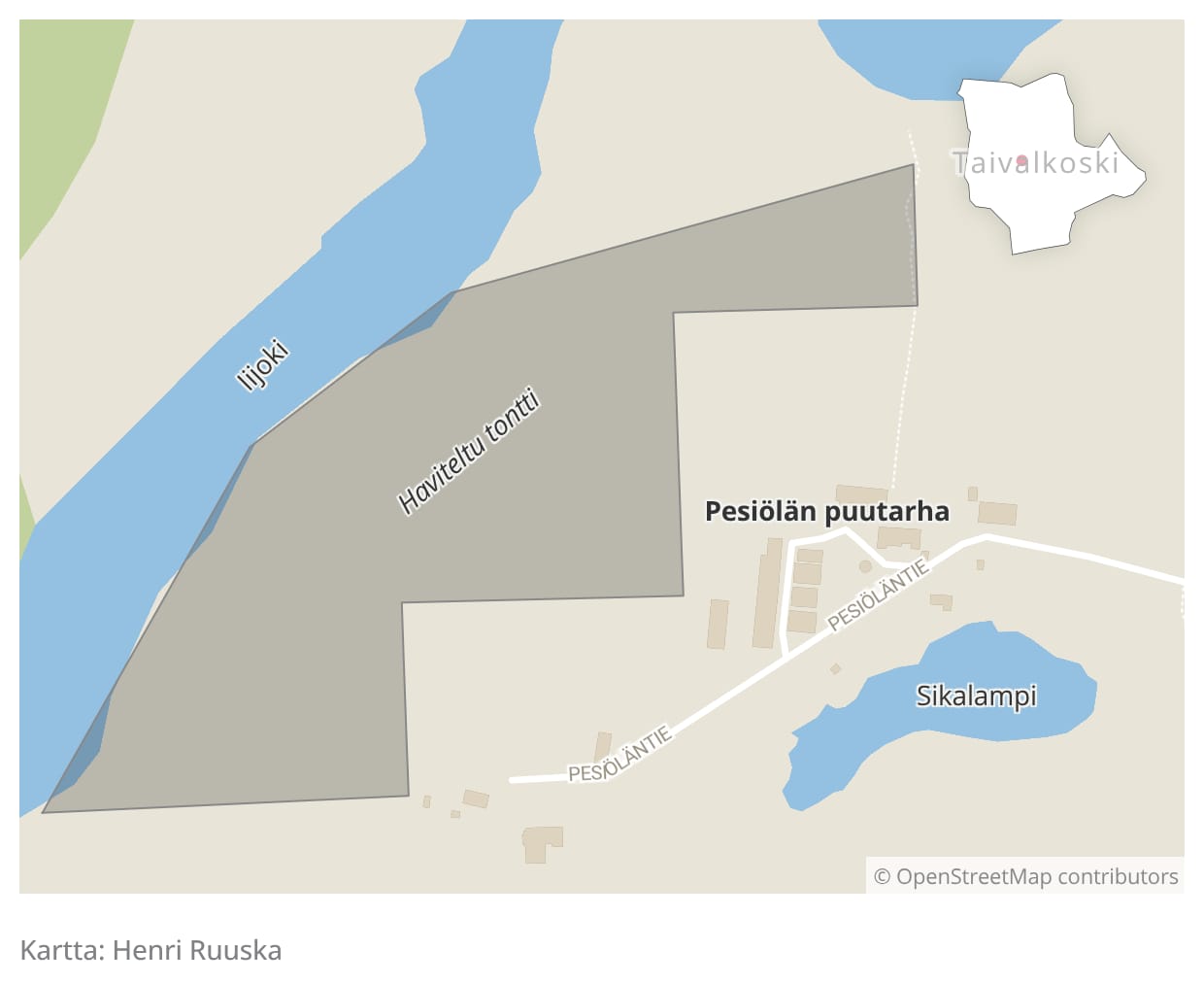 Pesiölän Puutarha Oy haluaisi rakentaa mökkejä matkailijoiden käyttöön kuvassa harmaana näkyvälle alueelle.