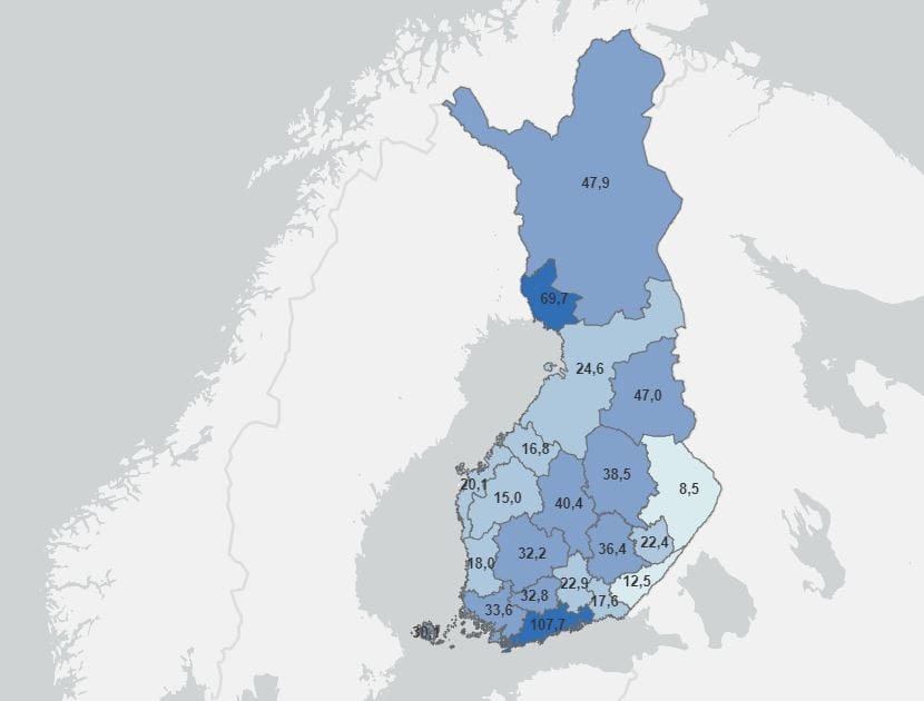 Koronatapausten ilmaantuvuus Suomessa 100 000 asukasta kohti sairaanhoitopiireittäin