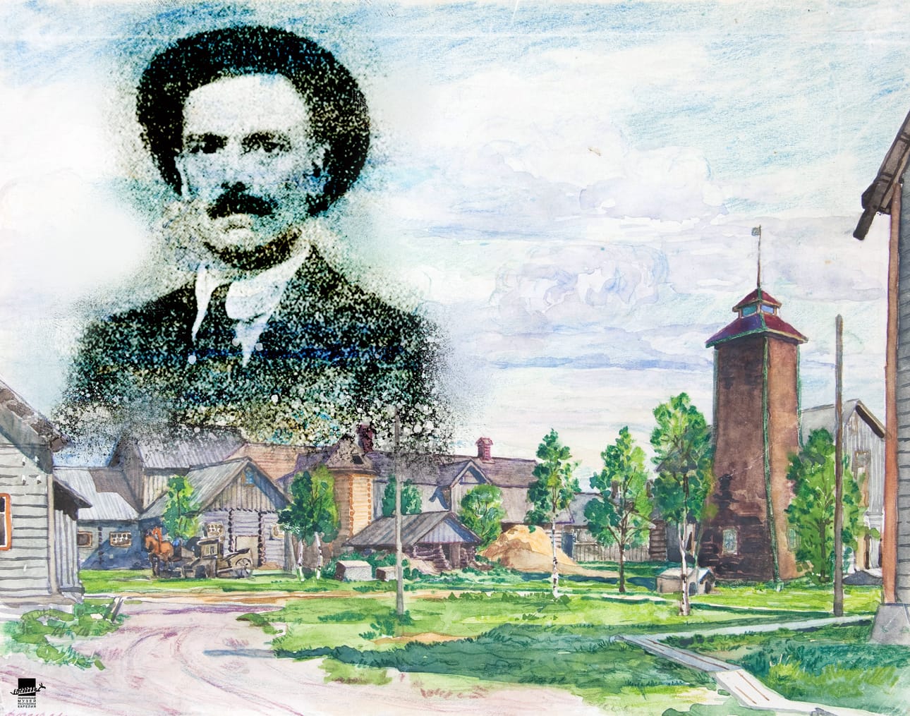 Kauhavalla vuonna 1885 syntynyt Kalle Lahti päätyi kolhoosin johtajaksi Neuvosto-Karjalaan. Lahti teloitettiin Stalinin vainoissa vuonna 1937. Taustalla näkyvä teos on Heinrich Vogelerin maalaama akvarelli Säde-kommuunista, missä Lahti toimi ensimmäisenä puheenjohtajana.