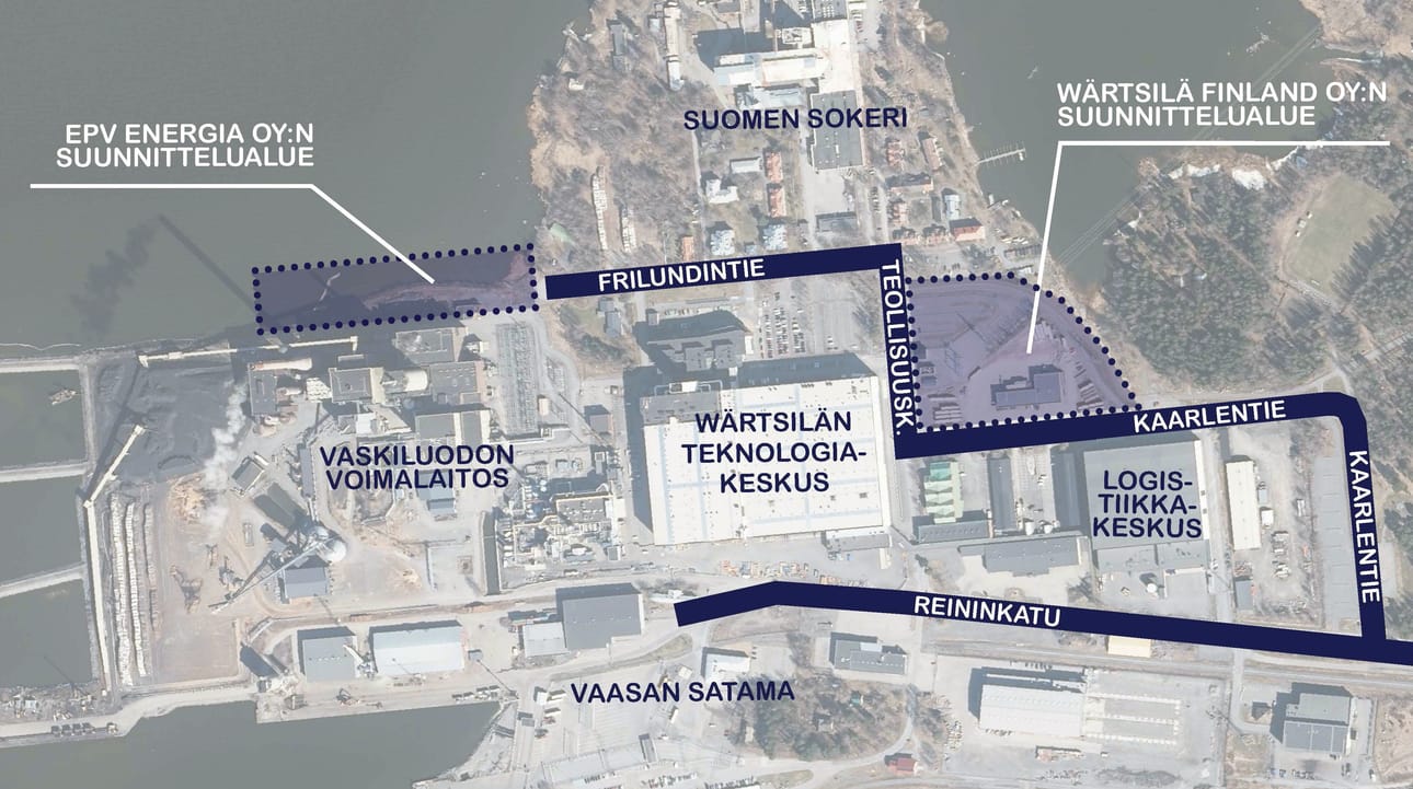 Toimistorakennus tulee vasemmanpuoleiselle ja pysäköintitalo oikeanpuoleiselle suunnittelualueelle. Kuvassa ei ole aivan kaikkia nykyisiä rakennuksia.