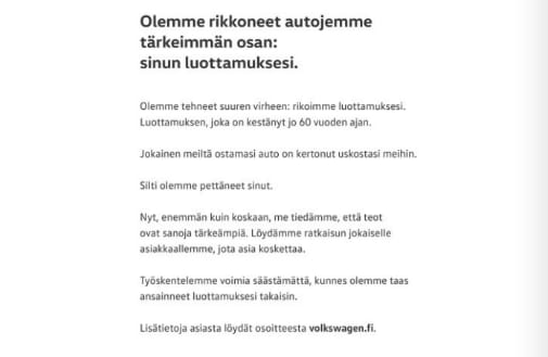 Kuvakaappaus VW:n ilmoituksesta.