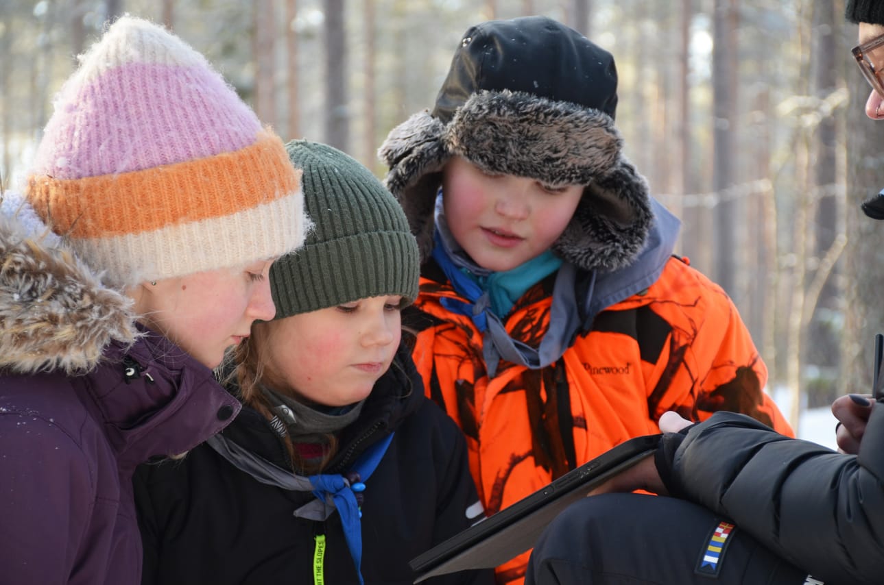 Seikkailijat pohtivat vastausta Suomen luontoa koskeviin kysymyksiin.