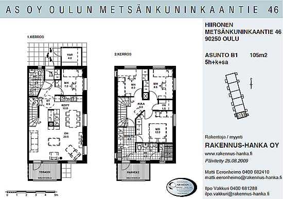 Kaksikerroksiset osat matalien rivitalopuikkojen päissä elävöittävät pihanäkymää.
