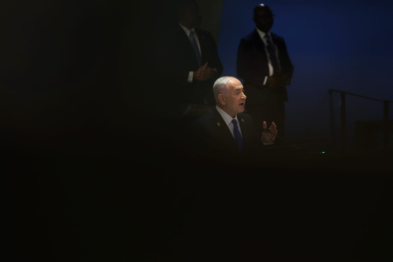 Israelin pääministeri Benjamin Netanjahu puhui YK:n yleiskokouksessa perjantaina. LEHTIKUVA/AFP