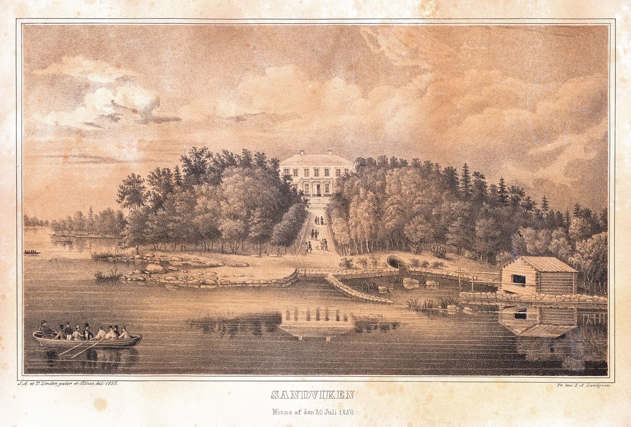 Näkymä Villaan mereltä. E. A. Lundgrenin litografia vuodelta 1850.