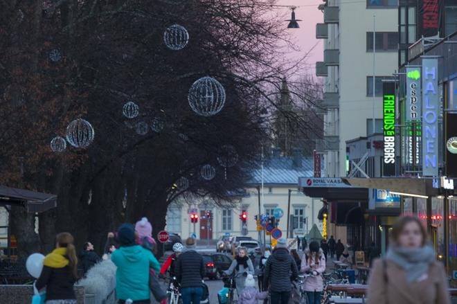 Puistikoiden puita valaisee kohta kymmeniä valopalloja. Ne sytytetään tänään tuomaan joulun odotusta ankeaan marraskuuhun. KUVAT: MINNA ANTILA