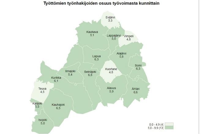 Etelä-Pohjanmaalla alhaisimmat työttömien työnhakijoiden osuudet olivat Evijärvellä, Teuvalla, Kuortaneella ja Vimpelissä.