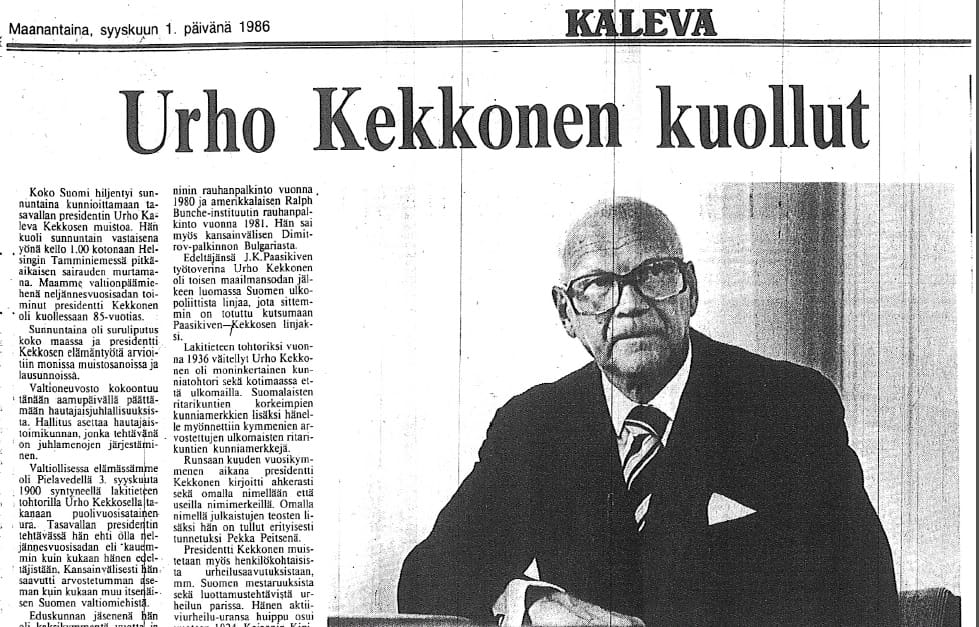 Kekkosen kuolemasta kerrottiin laajasti suomalaisissa tiedotusvälineissä - myös Kalevassa.