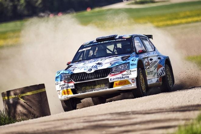 Teemu Asunmaa ja Marko Salminen SM Mad-Croc Länsirannikon Rallissa toukokuussa. Kuva: Hannu Rainamo/Hannuphoto