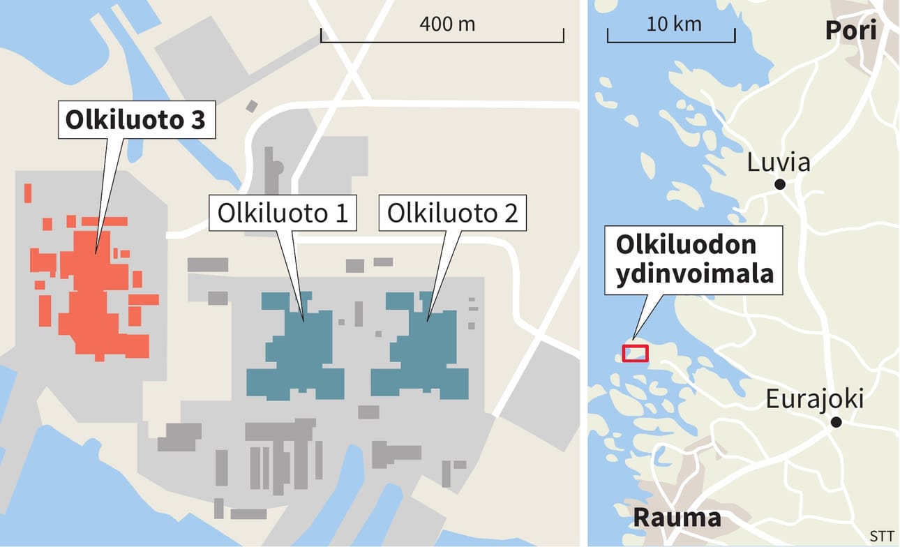 Olkiluodon kolme ydinvoimalaitosta sijaitsevat meren ääressä Eurajoen kunnassa.