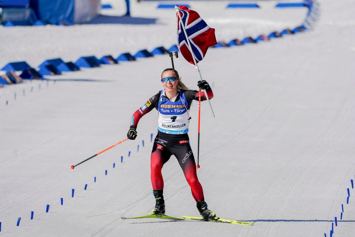 Eilen pikakilpailun voittanut Tiril Eckhoff oli paras myös tämän päivän takaa-ajossa. LEHTIKUVA/AFP