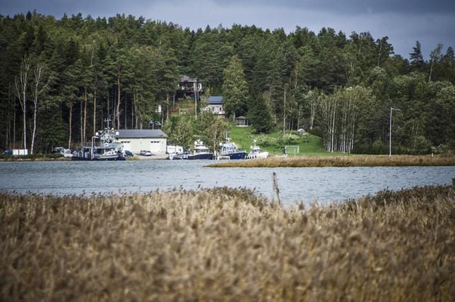 Airiston Helmi Oy:n Paraisilla sijaitsevan kiinteistön laiturilla oli lauantaina useita veneitä. Niiden joukossa on satelliiteilla ja miinanpudotustekniikalla varustettu Kampela-luokan alus, jonka yhtiö hankki puolustusvoimien poistohuutokaupasta. KUVA: Lennart Holmberg