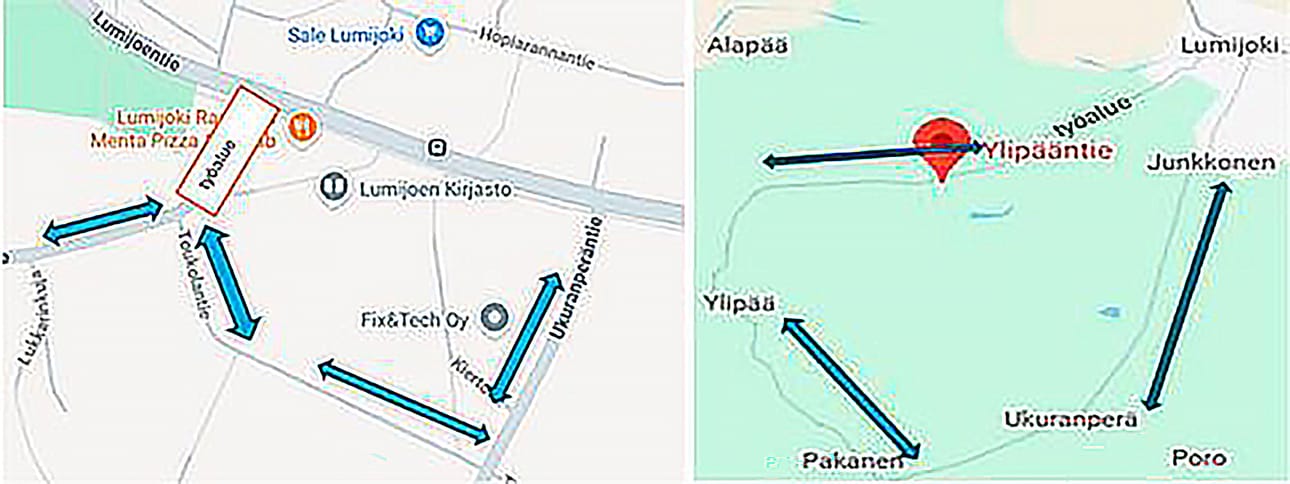 Liikennejärjestelymuutokset on merkitty nuolilla.