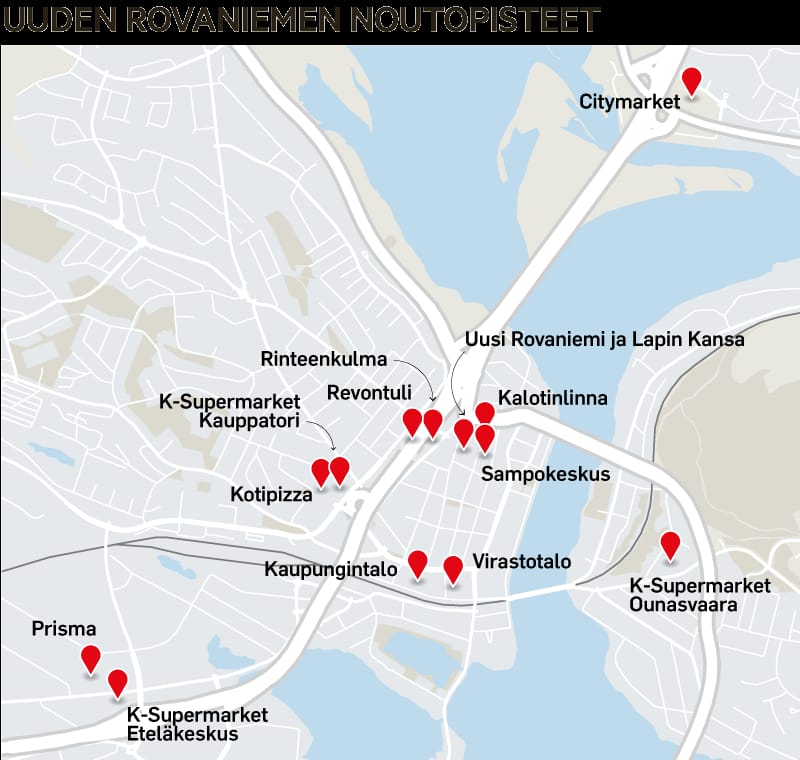 Uuden Rovaniemen noutopisteet keskustassa. Keskustan ulkopuolella noutopisteitä on Sinetässä ja Muurolassa.