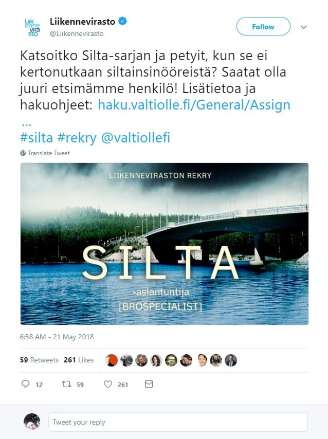 Liikenneviraston rekrytointi-ilmoitus herätti Twitterissä myönteistä huomiota.
