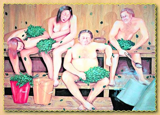 Saunakulttuurin monet muodot. Tutkimuksen mukaan vanhemmille kanadansuomalaisille sauna on nostalginen paikka, nuoremmat ovat integroituneet valtakulttuuriin ja häpeävät alastomuutta. Kuva kirjasta Sweating with Finns.