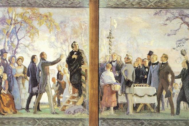 Maamme-laulun ensiesitys oli toukokuussa 1848 Kumtähden kentällä Helsingin liepeillä pidetyssä Floran päivän juhlassa. Eero Järnefelt luonnosteli juhlasta maalauksen Helsingin yliopiston juhlasalin seinään. Maalaus tuhoutui jatkosodan pommituksissa. KUVA: WIKIMEDIA COMMONS