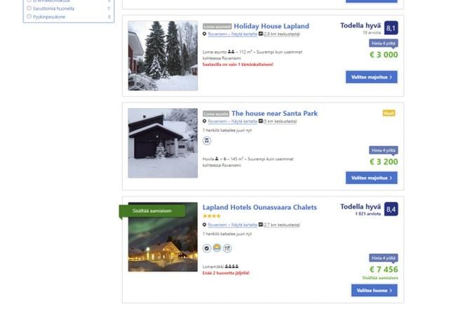 Viime hetken joulumatkailija joutuu maksamaan huippuhintoja yöpymisestä Rovaniemellä. Tässä kuvakaappaus booking.comista perjantailta 22.12. Hinnat ovat ajalle 23.-27.12. neljä yötä.