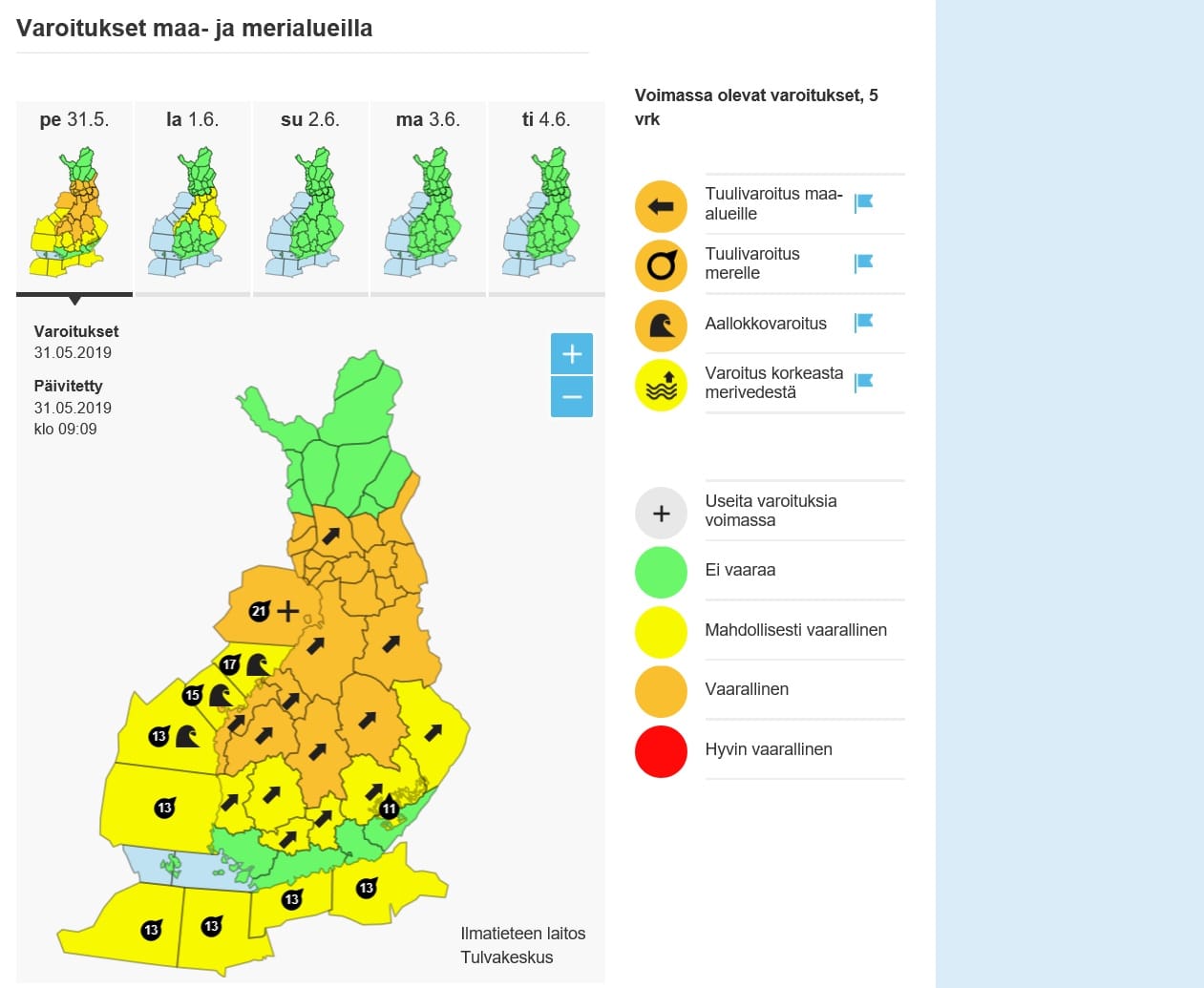 Perjantaina kello 10 Ilmatieteen laitoksen päivittämä varoituskartta näyttää tältä.
