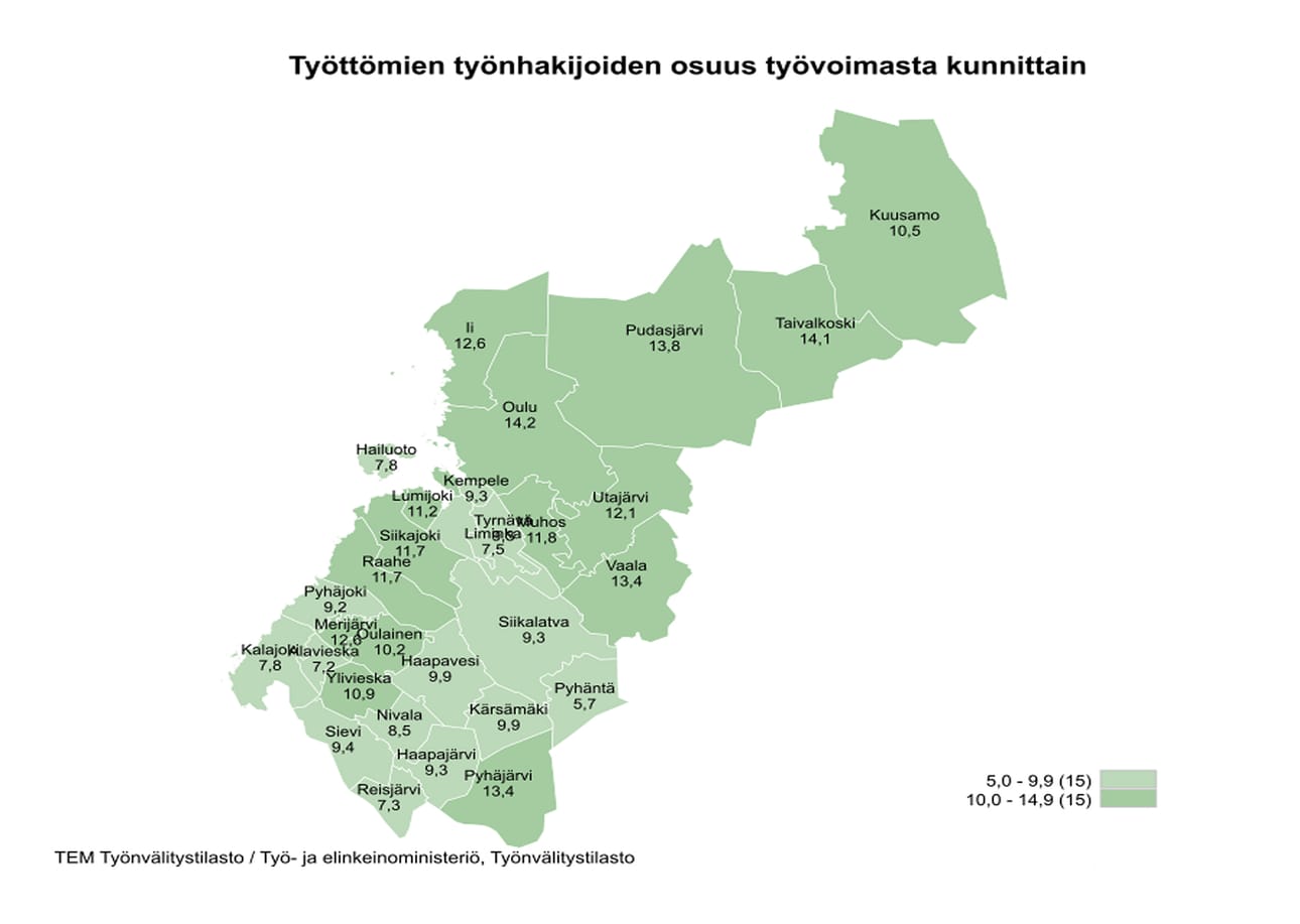 Kesäkuun lopussa työttömien työnhakijoiden osuus työvoimasta (työttömyysaste) oli Pohjois-Pohjanmaalla 12,4 %. Koko maassa keskimäärin työttömyysaste oli 12,0 %.