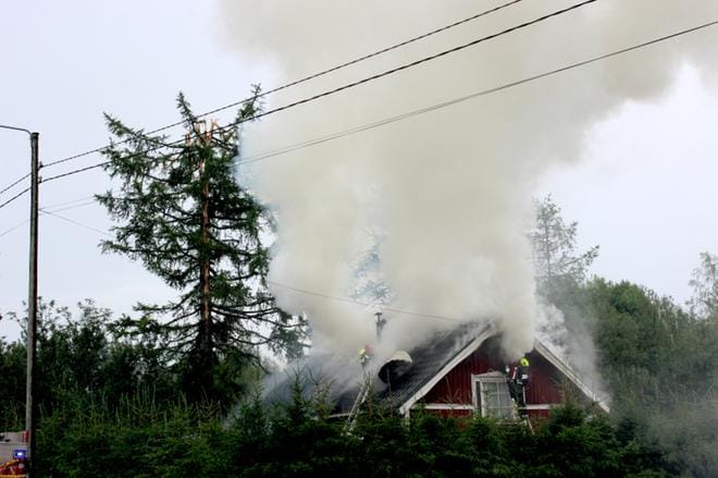 Salama iski talon vieressä kasvavan kuusen latvaan. Se putosi katolle sytyttäen rakennuksen. KUVA: TAUNO RIIHILUOMA