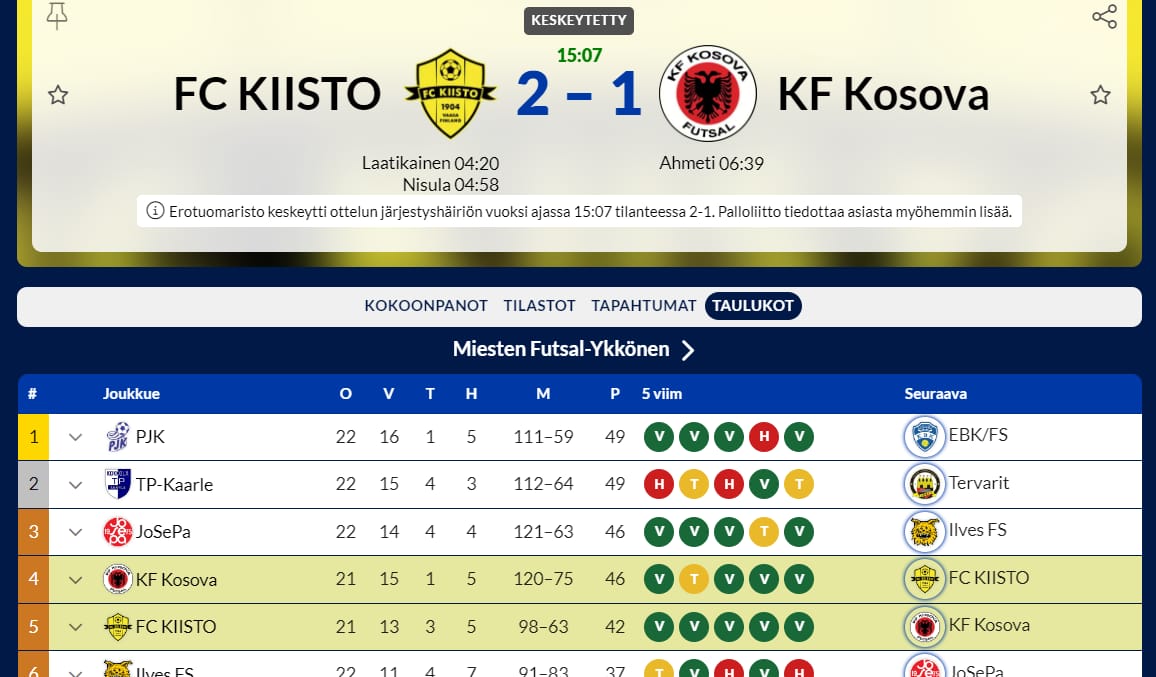 Kuvakaappaus Palloliiton verkkosivulta lauantai-iltana.
