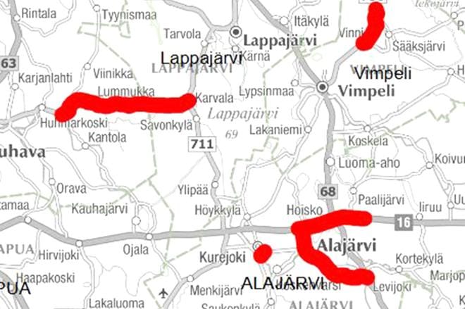 Järviseudun tiestön niukahkot päällystystyöt näkyvät kartassa. KUVA: ELY-KESKUS