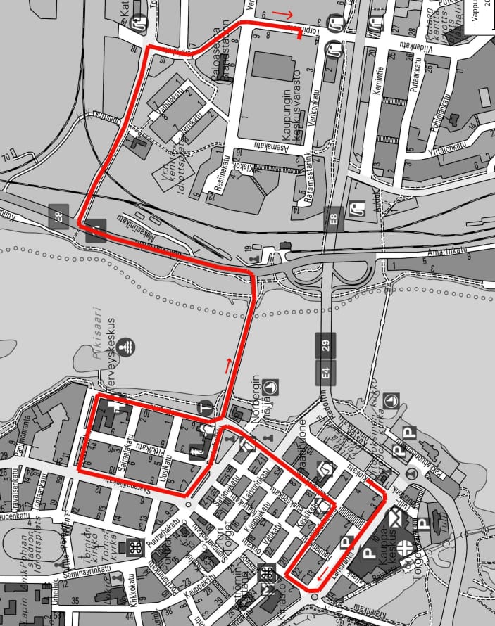Tornion moottorikerhon vappuparaatin reitti.