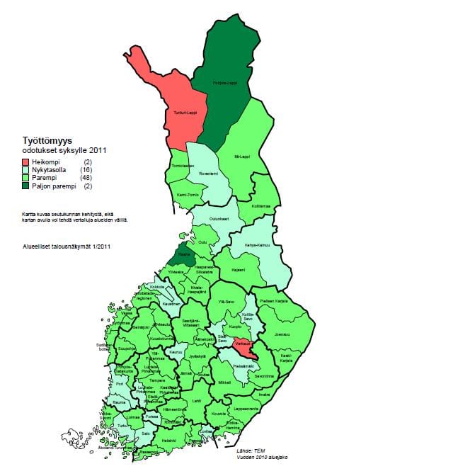Odotukset työllisyyden kehityksestä syksylle 2011. Koillismaalle luvassa paranevaa.