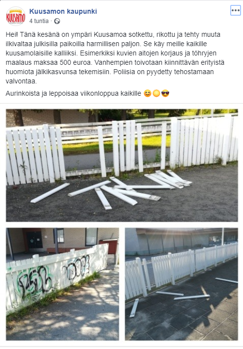 <p>Kuusamon kaupungin facebook-päivityksessä vedotaan vanhempiin, jotta he olisivat tietoisia lastensa tekemisistä.</p>