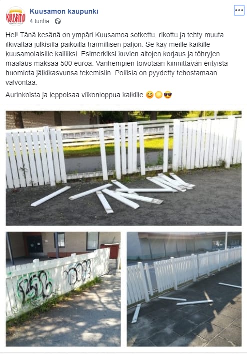 Kuusamon kaupungin facebook-päivityksessä vedotaan vanhempiin, jotta he olisivat tietoisia lastensa tekemisistä.