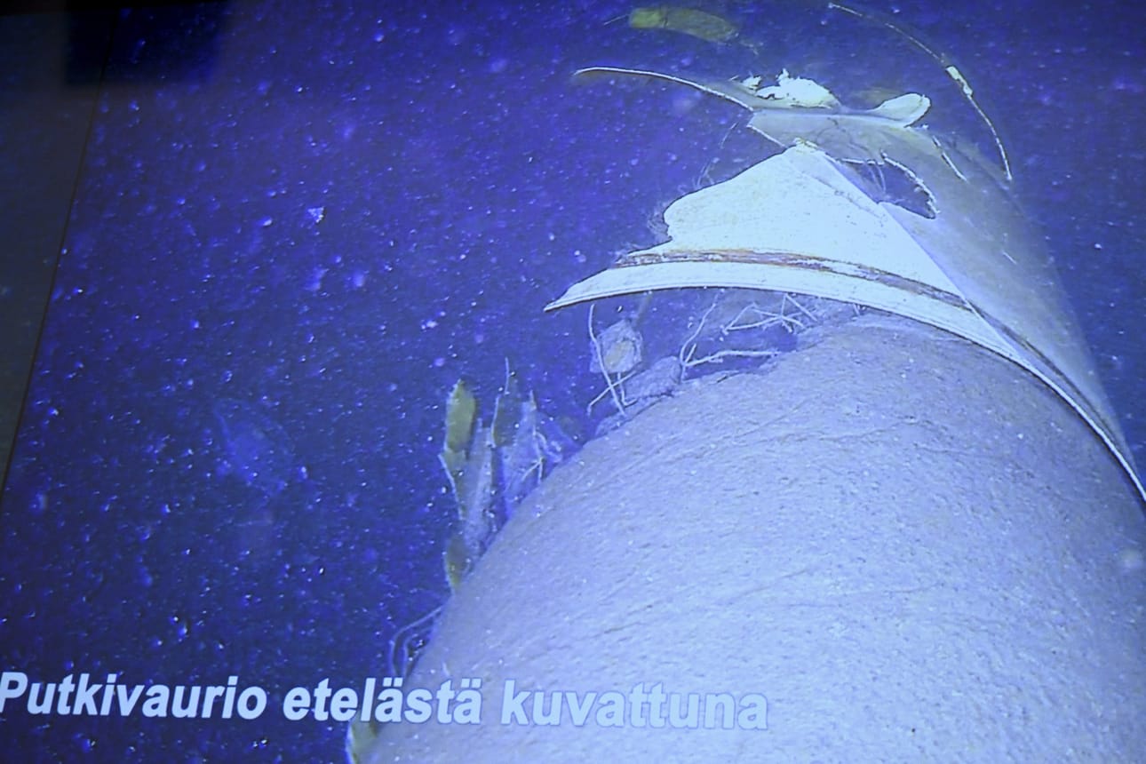 Balticconnector-kaasuputken rikkoutumiskohta etelästä kuvattuna Rajavartiolaitoksen kuvassa.
