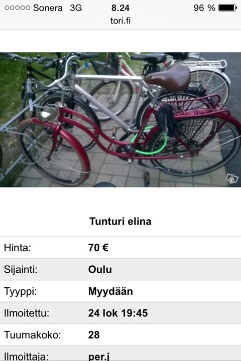 Oululaisnainen joutui poikkeuksellisen röyhkeän ja suunnitelmallisen pyörävarkaan uhriksi viime perjantaina. Varastettua Tunturi Elina -merkkistä pyörää kaupattiin Tori.fi:ssä.