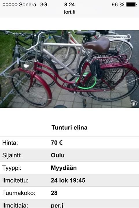 Oululaisnainen joutui poikkeuksellisen röyhkeän ja suunnitelmallisen pyörävarkaan uhriksi viime perjantaina. Varastettua Tunturi Elina -merkkistä pyörää kaupattiin Tori.fi:ssä.