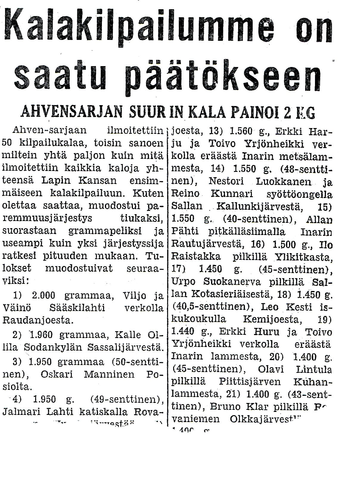 Vuoden 1955 kalakilpailussa riitti muhkeita ahvenia.