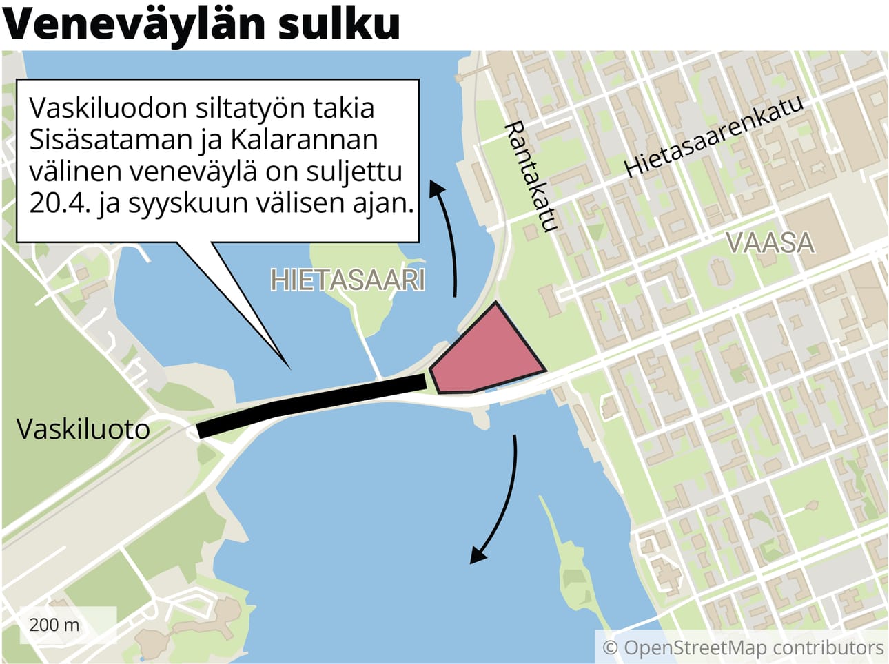 Veneilijät joutuvat tarvittaessa kiertämään Vaskiluodon. Siltatyö käsittää ratasillan viereisen kävely- ja pyöräilysillan uudistamisen.