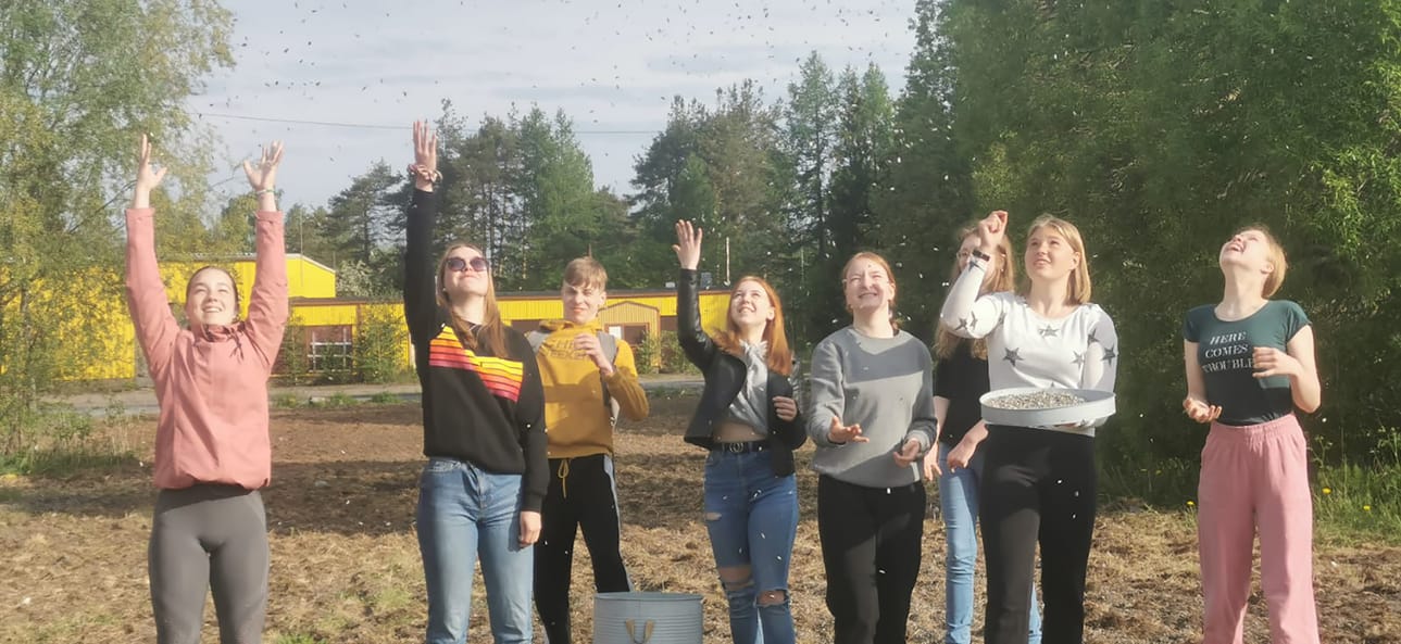 Kukkapeltoa olivat Johanna Liljan kanssa tekemässä paikalliset koululaiset.