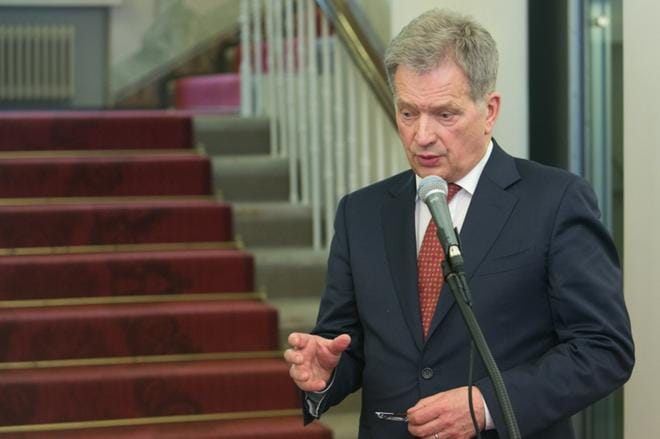 Presidentti Sauli Niinistö puhui Suomen roolista Arktisen neuvoston puheenjohtajamaana pitämässään tiedotustilaisuudessa perjantaina. KUVA: Compic/Pekka Sipola
