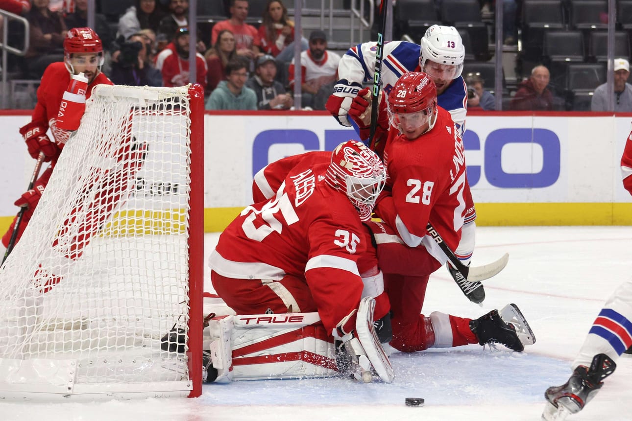 Detroit Red Wingsin suomalaismaalivahti Ville Husso päästi kolmannessa erässä kuusi maalia. LEHTIKUVA / AFP