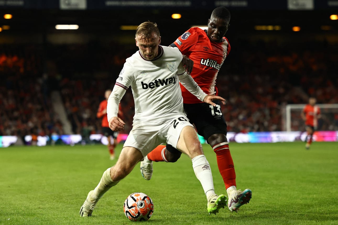 Ottelun avausmaalin teki West Hamin Jarrod Bowen 37. peliminuutilla. LEHTIKUVA/AFP