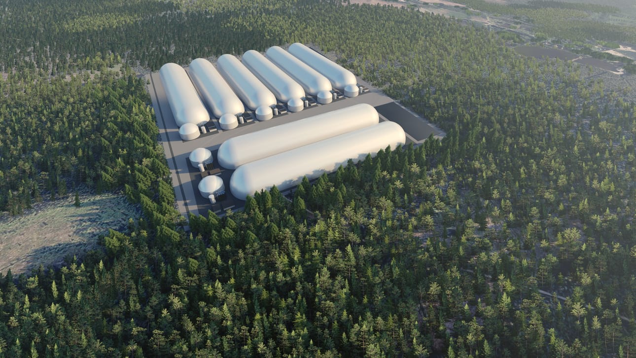 Laihian hiilidioksidiakun havainnekuva ilmasta. Energiavarasto tulisi EPV:n maille Laihian Jokiperään.