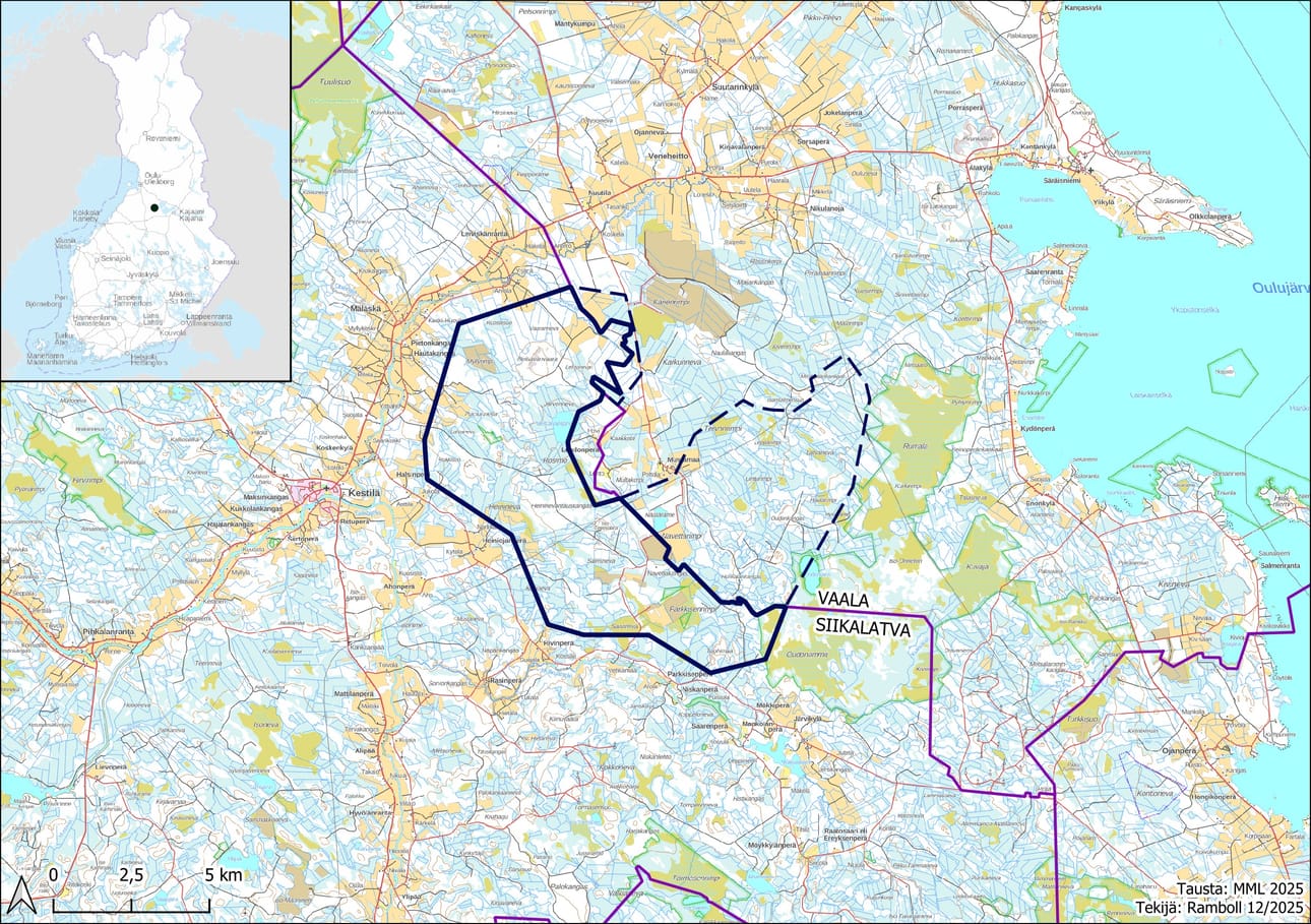 Neittävänvaaran-Honkalankankaan tuulivoima-alue. Vaalan puolelle tuleva Honkalankangas on karttaan merkitty katkoviikoilla.