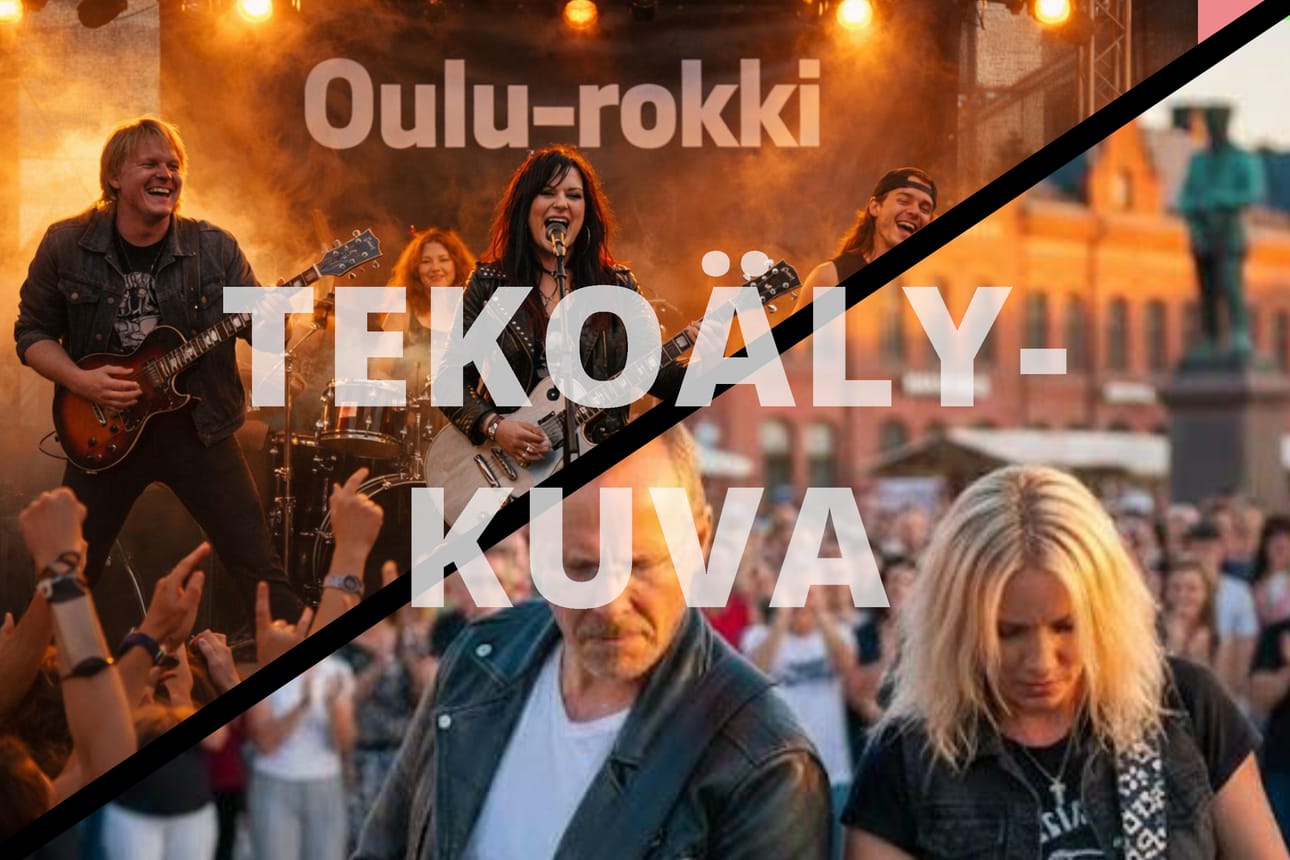 Markku Koli liitti omat kasvonsa nahkarotsisen kitaransoittajan vartaloon tekoälyn tekemässä kuvassa. Takana oleva rakennus muistuttaa vähän kauppahallia. Kuva on kuvasarjasta, jonka Markku Koli teki tekoälyllä tekemänsä kappaleen Oulu-rokki liitteeksi.