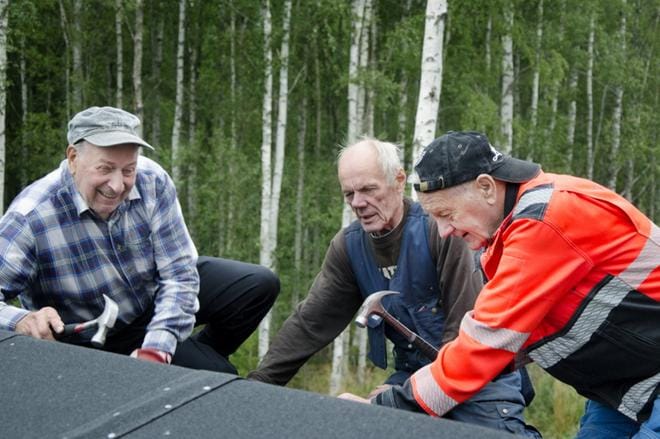 Evijärvi-seuran varapuheenjohtaja Ilmari Sulkakoski ja tukkilaisten kouluttaja Reijo Saari kattoivat maanantaina aamutuimaan Uittomiskämpälle parhaillaan valmistuvaa saunaa yhdessä Heikki Valijoen kanssa. Kotiseututyö ja matkailun kehittäminen ovat lähellä Valijoen sydäntä. KUVA: JUHA AHO-PYNTTÄRI