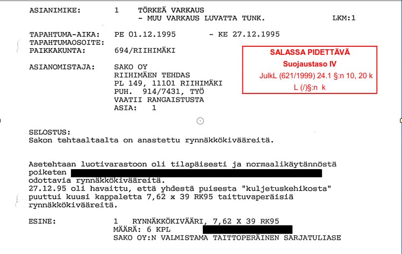 Poliisi toimitti Lännen Median pyynnöstä kuulustelupöytäkirjat vuodelta 1996 Sakon asevarkausepäilyyn liittyen. Rikosilmoituksen mukaan tehtaalta epäiltiin kadonneen kuusi RK95-asetta.